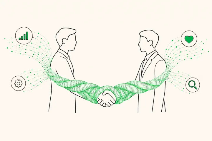 採用から評価までのデータが撚り合わさって切れない絆になるイメージイラスト