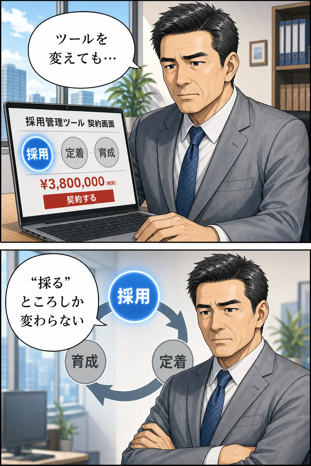漫画3：採用管理ツールの契約画面を見て「ツールを変えても…」「“採る”ところしか変わらない」