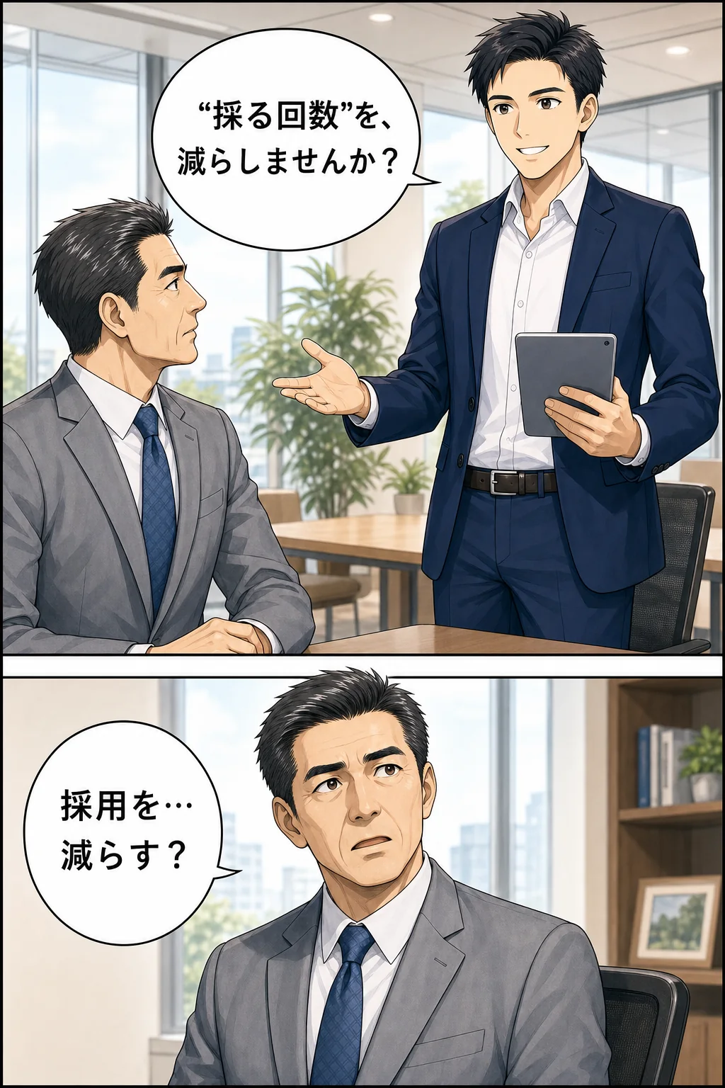 漫画4：若い担当者が「“採る回数”を、減らしませんか？」。社長「採用を…減らす？」
