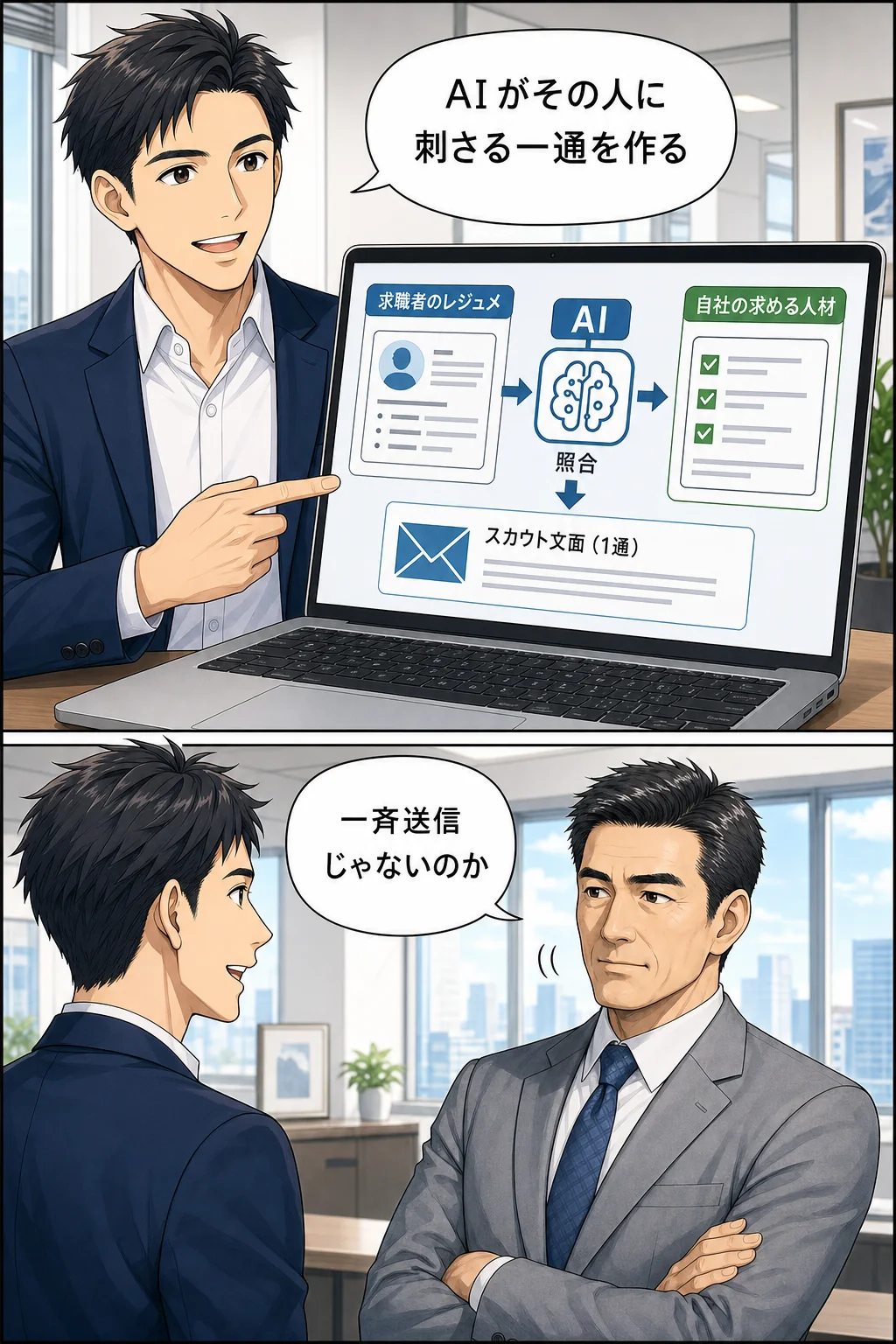 漫画6：「AIがその人に刺さる一通を作る」。社長「一斉送信じゃないのか」
